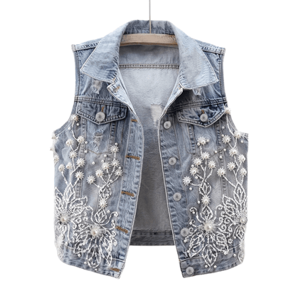 Perlenbesetzte Blumen-Denim-Weste
