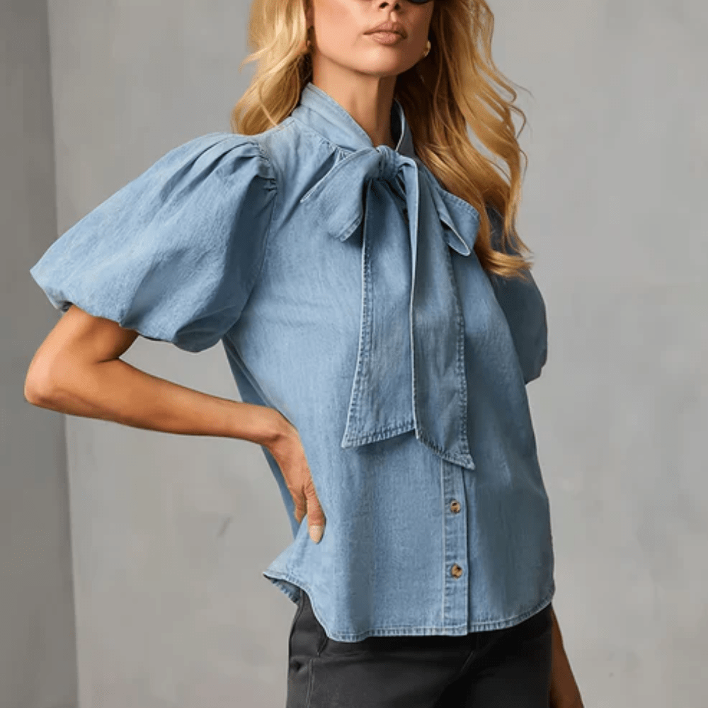 Chic Denim Bow Tie Blouse