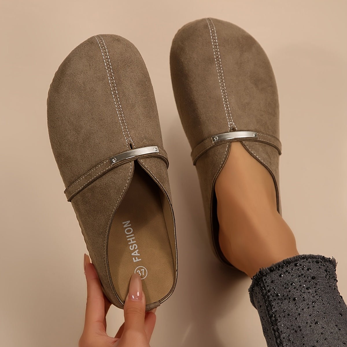 Metallic Buckle Slip On Mule Flats