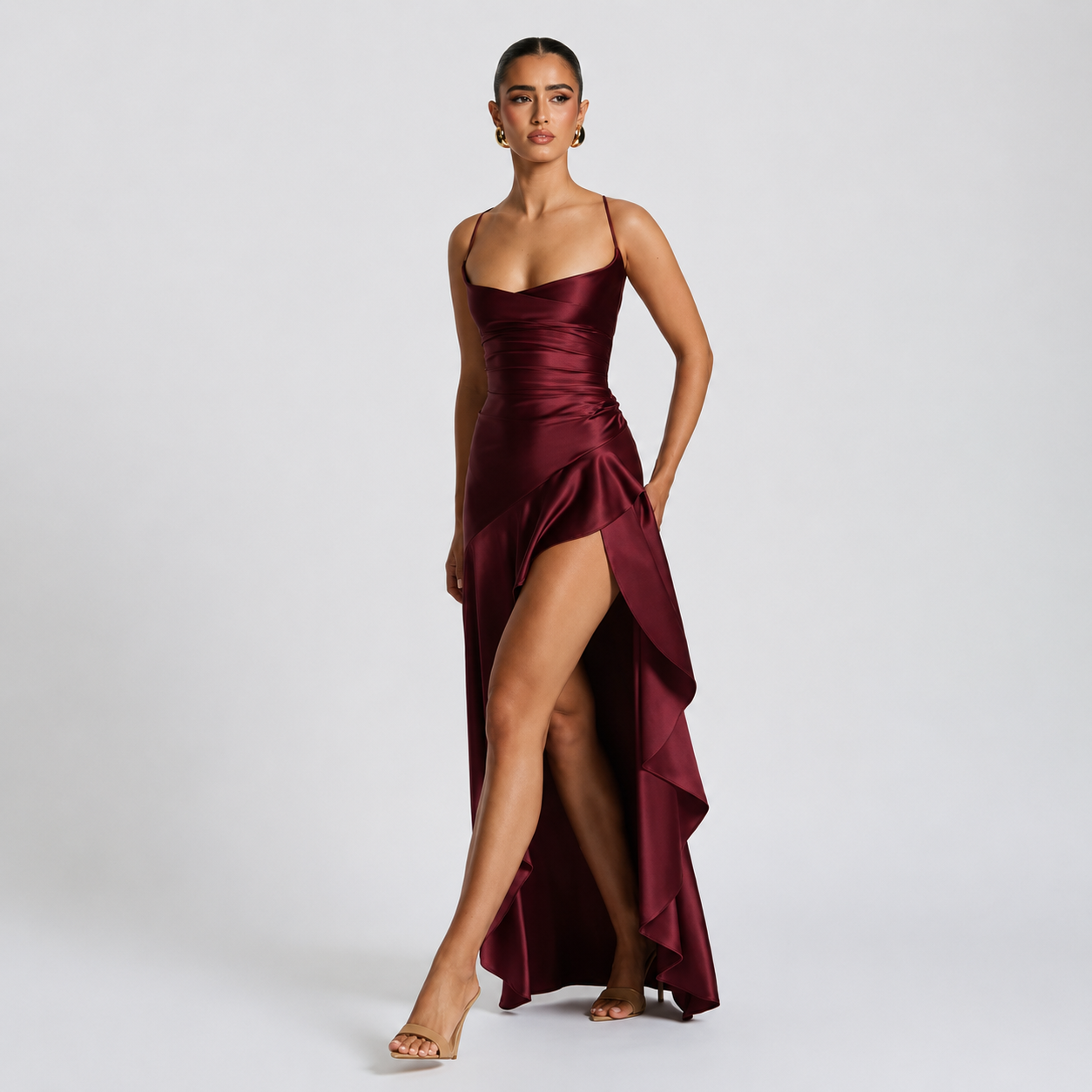 Asymmetric Ruched Split Maxi Dress