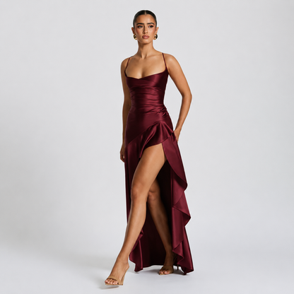 Asymmetric Ruched Split Maxi Dress