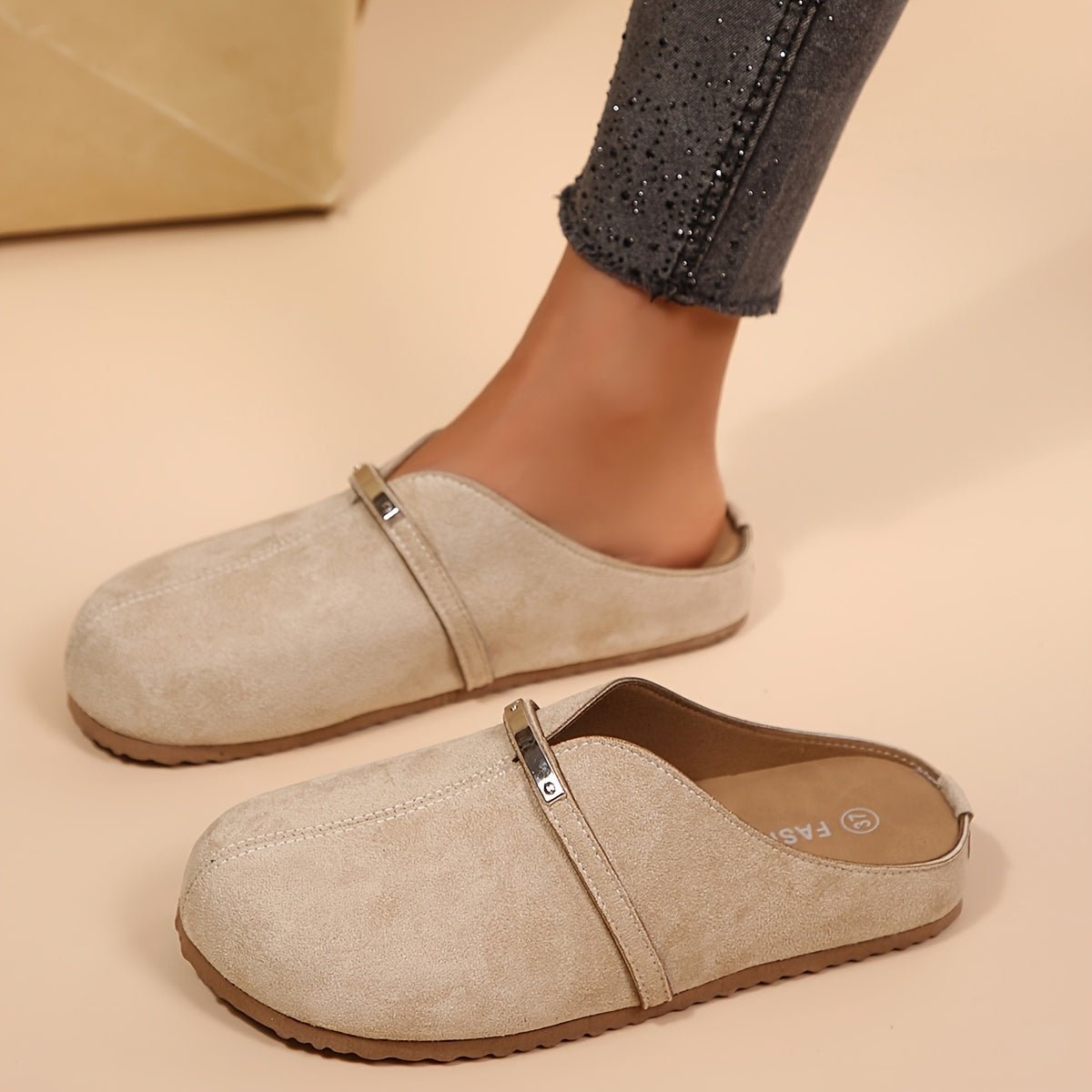 Metallic Buckle Slip On Mule Flats