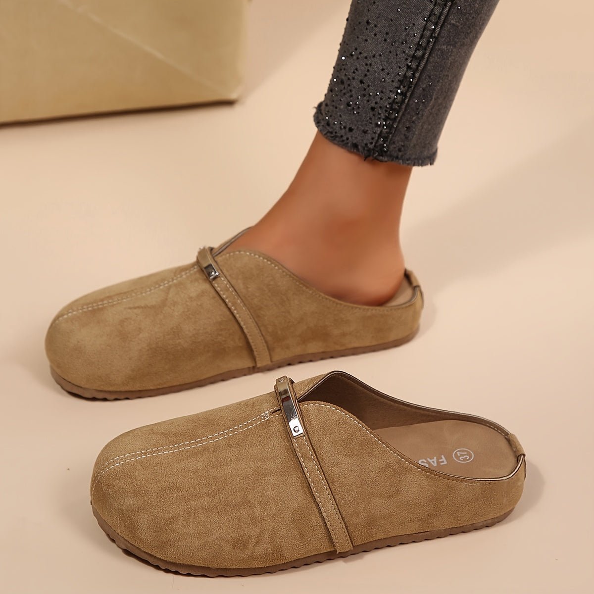 Metallic Buckle Slip On Mule Flats