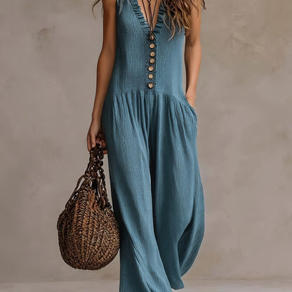 Ruched V Neck Wide Leg Jumpsuit