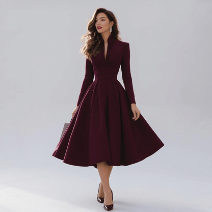 Sloane | Women's Long Sleeve Pleated V-Neck Midi Dress