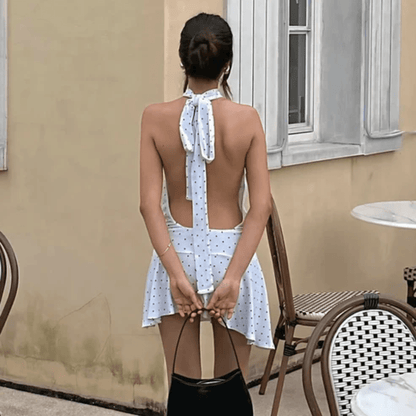 Spotted Halter Mini Dress Backless