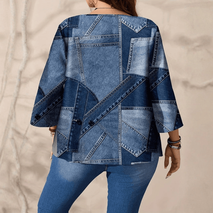 Casual Denim Blouse Round Neck