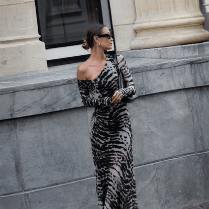Zebra Print Off Shoulder Bodycon Maxi Dress