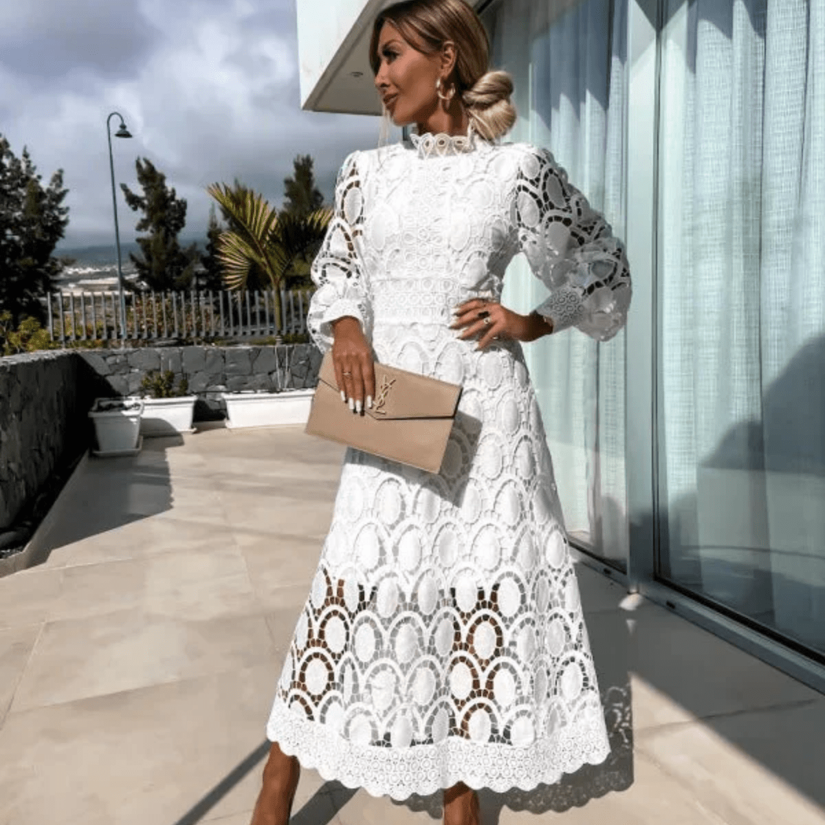 Elegant Lace Long Sleeve Midi Dress
