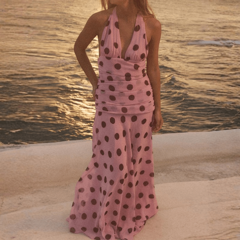 Dotted Chiffon Maxi Dress Backless