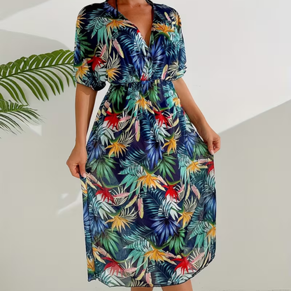 Tropical V Neck Beach Cover Up Dress