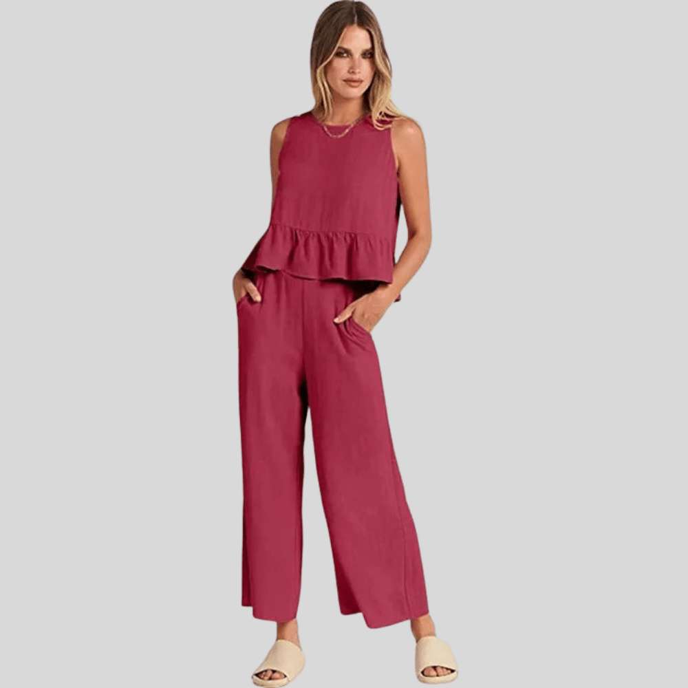 Sleeveless Pleated Vest And Wide Leg Pants Set