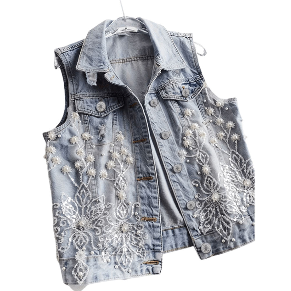 Perlenbesetzte Blumen-Denim-Weste