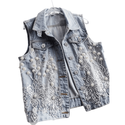 Perlenbesetzte Blumen-Denim-Weste