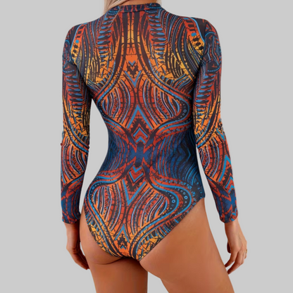 Tribal Print Long Sleeve Swim Bodysuit