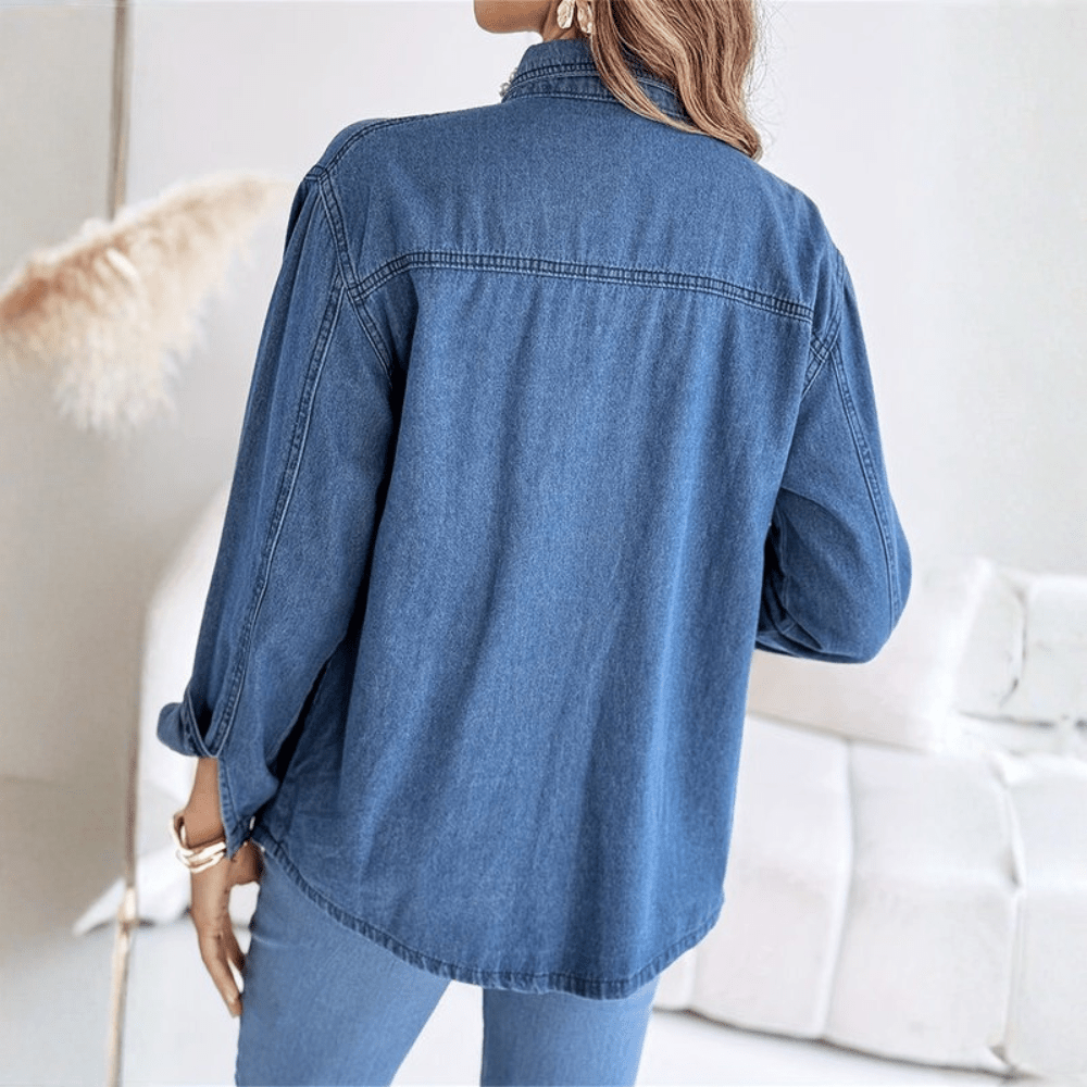Denim Pearl Rhinestone Button Up Shirt Top
