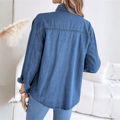 Denim Pearl Rhinestone Button Up Shirt Top
