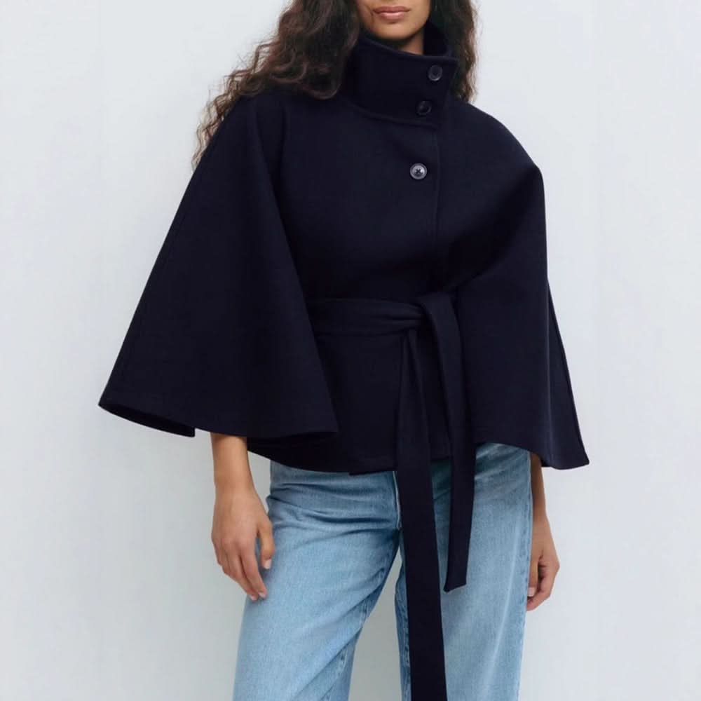 Belted High Collar Cape Coat