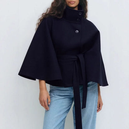 Belted High Collar Cape Coat