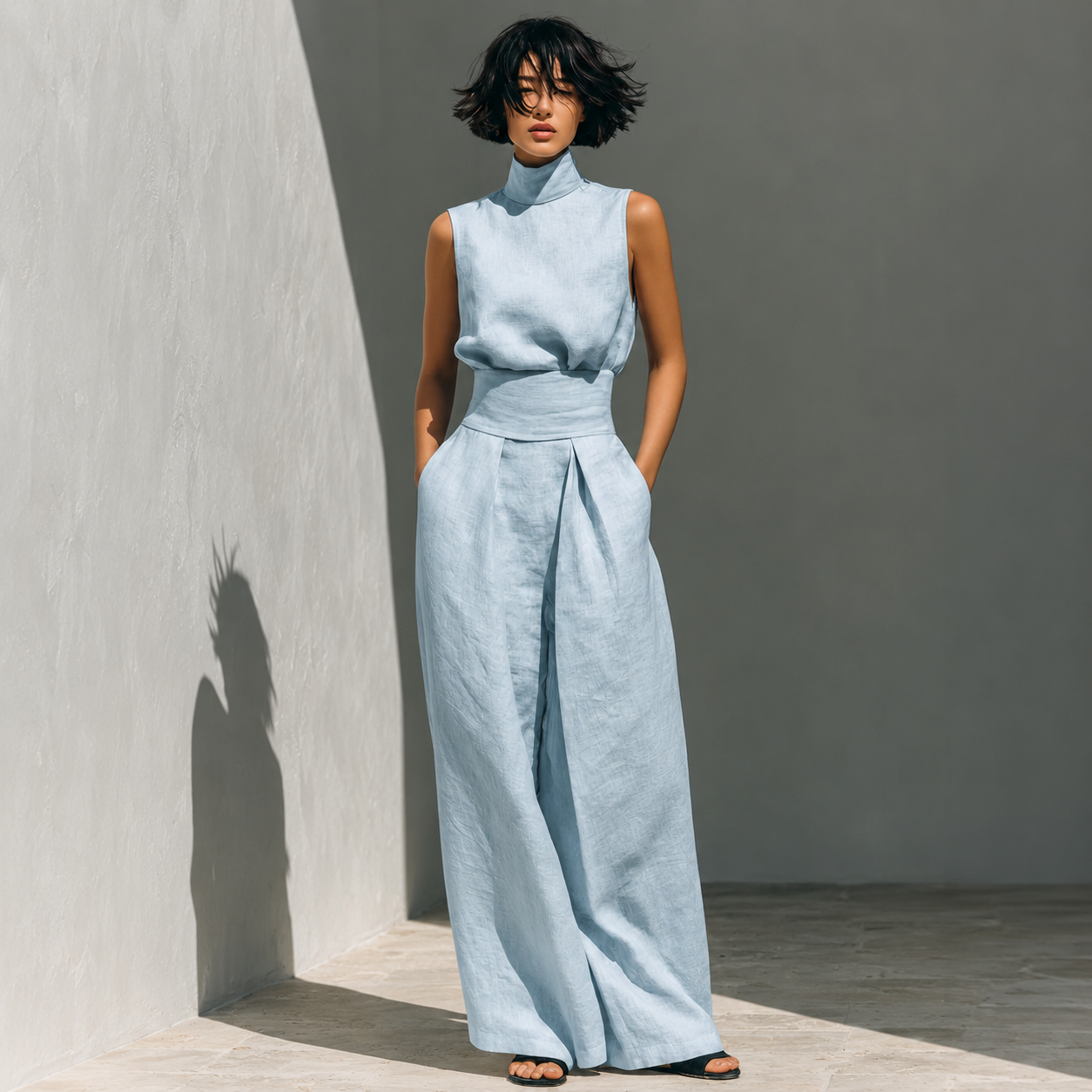 Sleeveless Blouse And Wide Leg Trouser Set