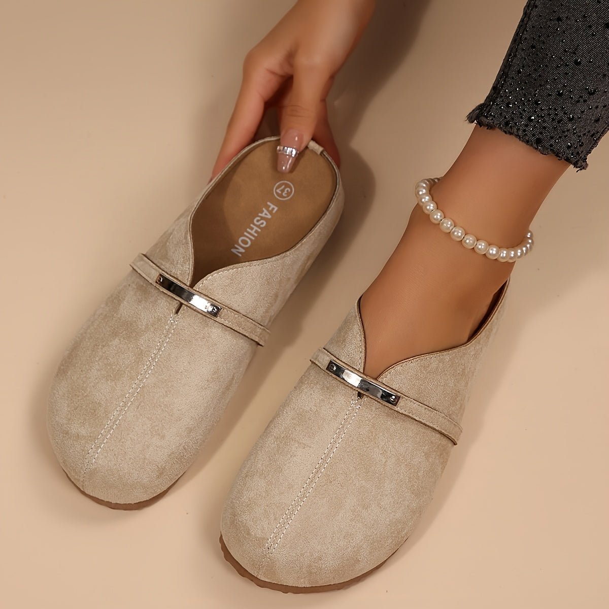 Metallic Buckle Slip On Mule Flats