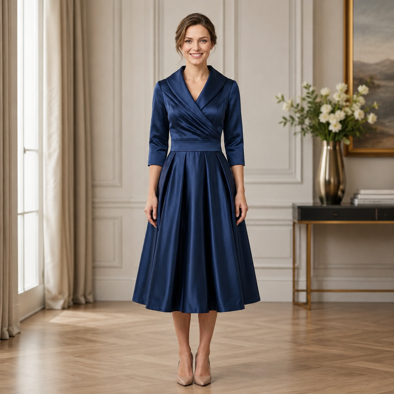 Wrap Neck Pleated Midi Dress