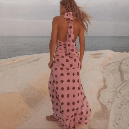Dotted Chiffon Maxi Dress Backless