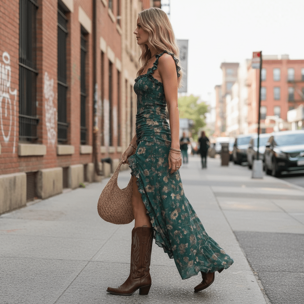 High Slit Ruffle Strap Midi Dress