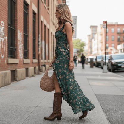 High Slit Ruffle Strap Midi Dress