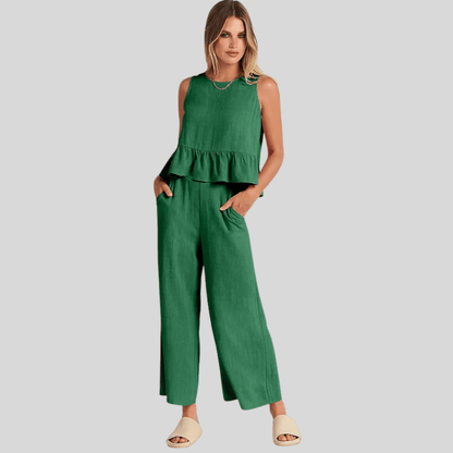 Sleeveless Pleated Vest And Wide Leg Pants Set