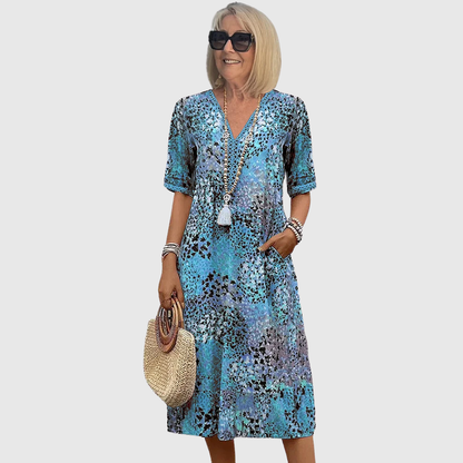 Printed V Neck Elegant A Line Midi Dress