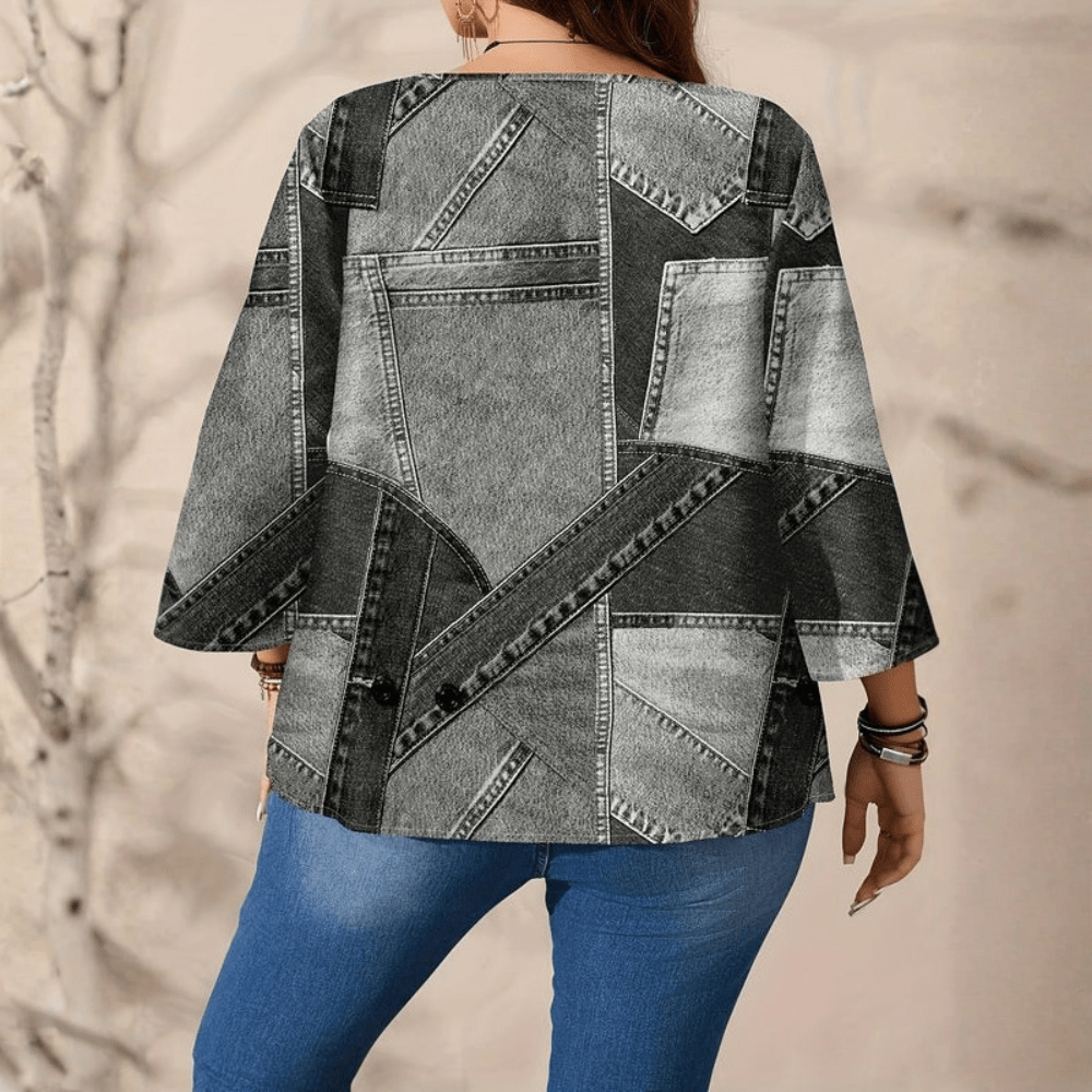 Casual Denim Blouse Round Neck
