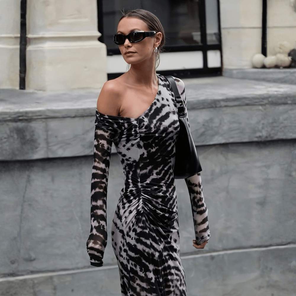 Zebra Print Off Shoulder Bodycon Maxi Dress