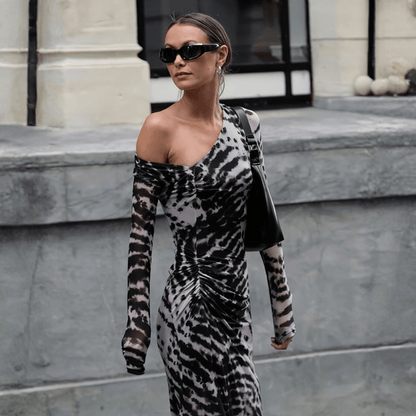 Zebra Print Off Shoulder Bodycon Maxi Dress