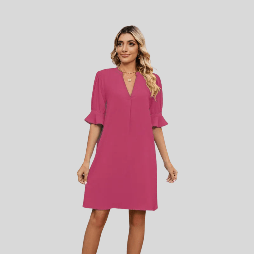 V Neck Pleated Loose Midi Dress