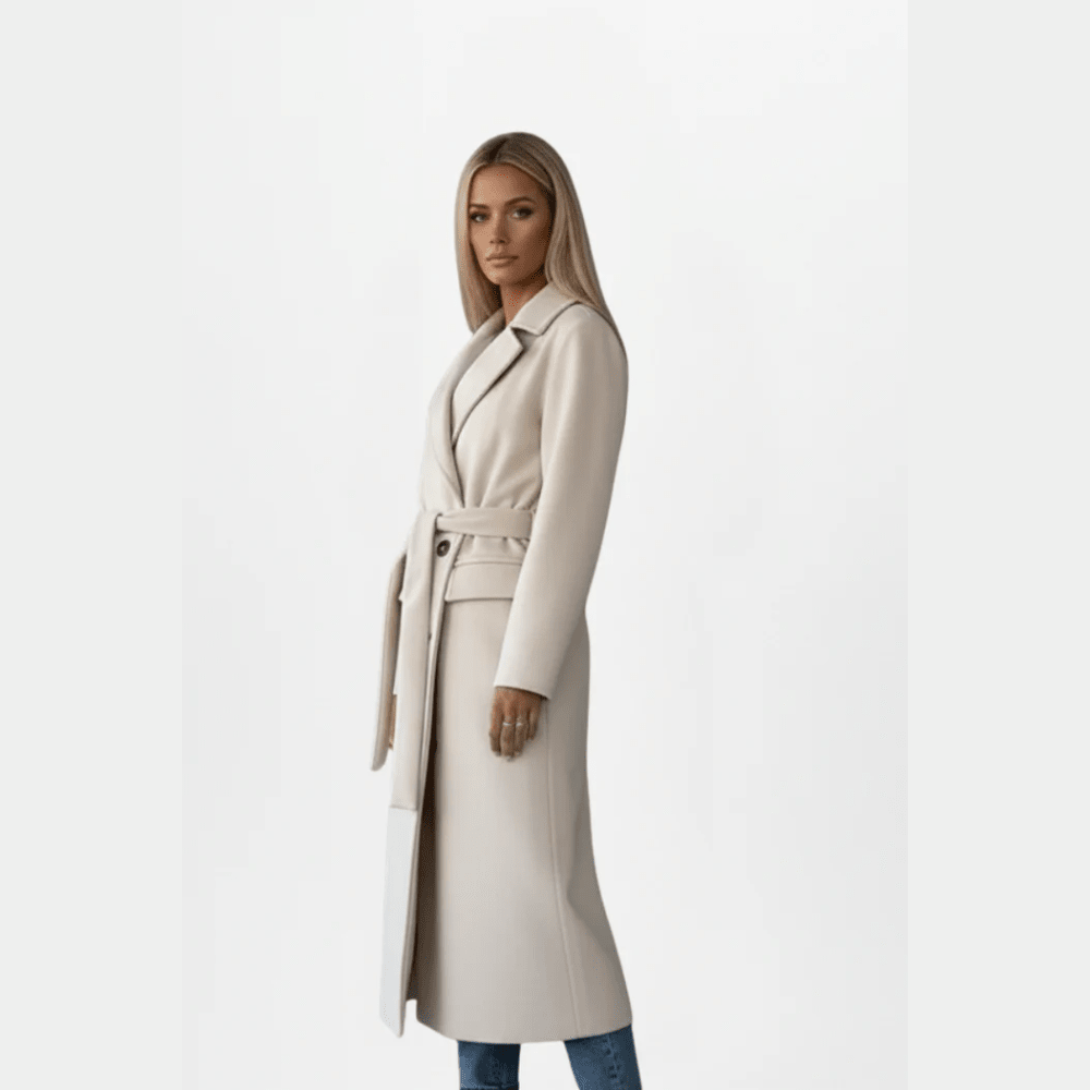 Polished Wool Coat Double Breasted with Belt