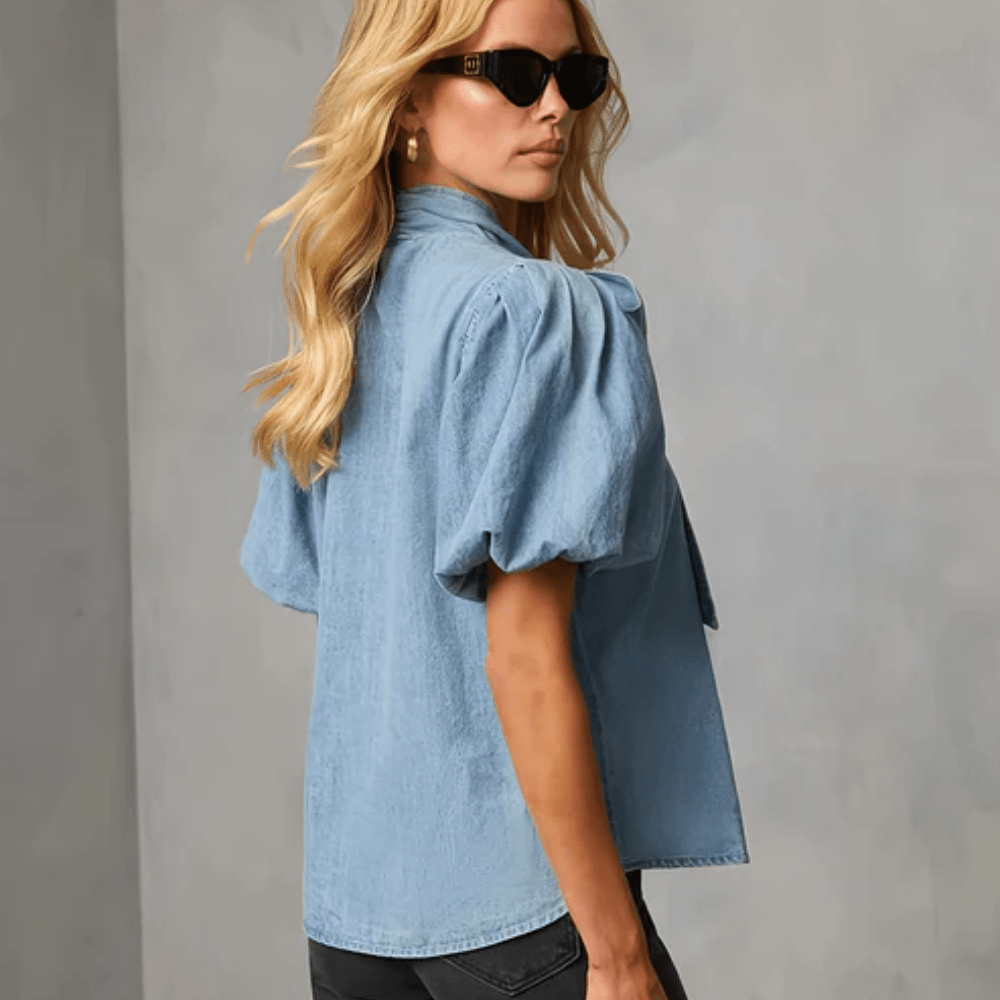 Chic Denim Bow Tie Blouse