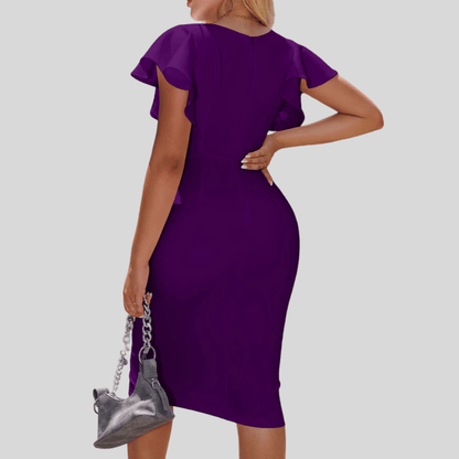 Elegant Ruffle Slim Midi Evening Dress