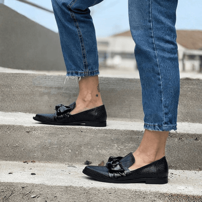 Polished Leather Bow Loafers
