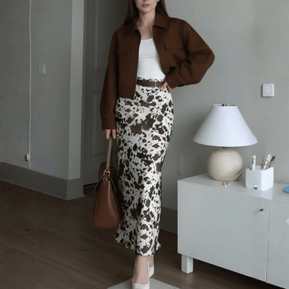 Autumnal Cow Print Midi Skirt