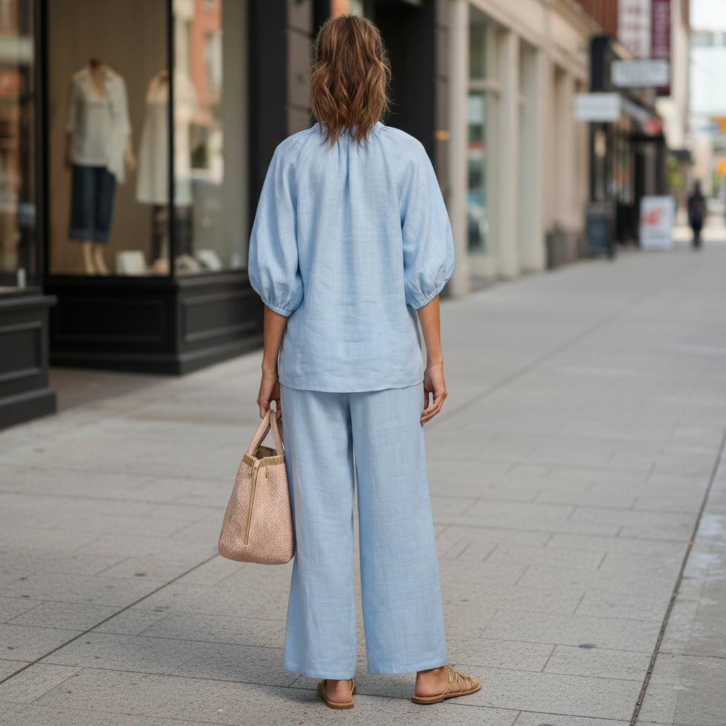 Blouson Sleeve Wide-Leg Trouser Set
