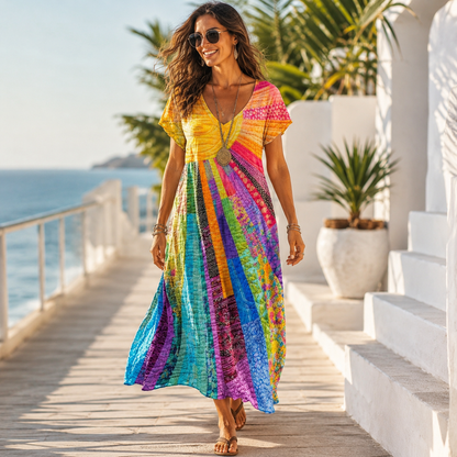 Sunburst Boho V-Neck Maxi Dress
