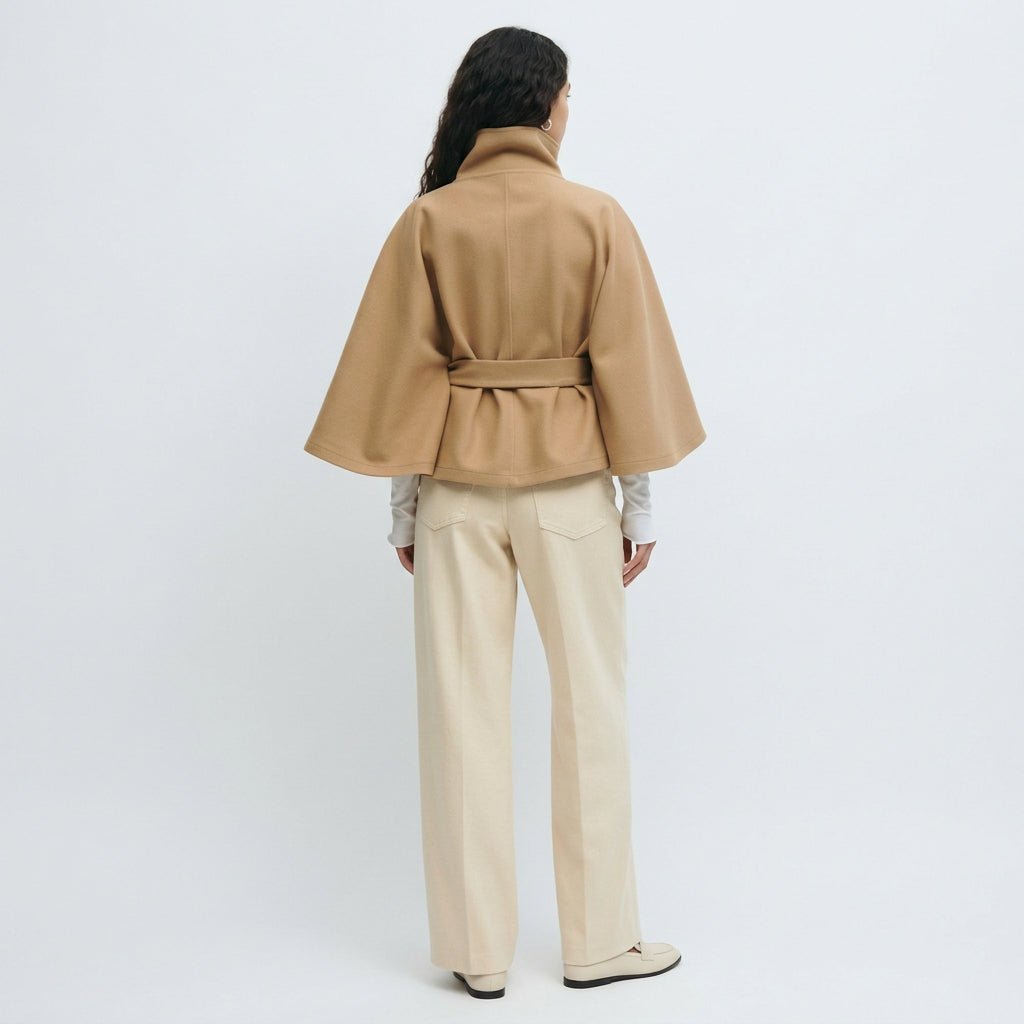 Belted High Collar Cape Coat