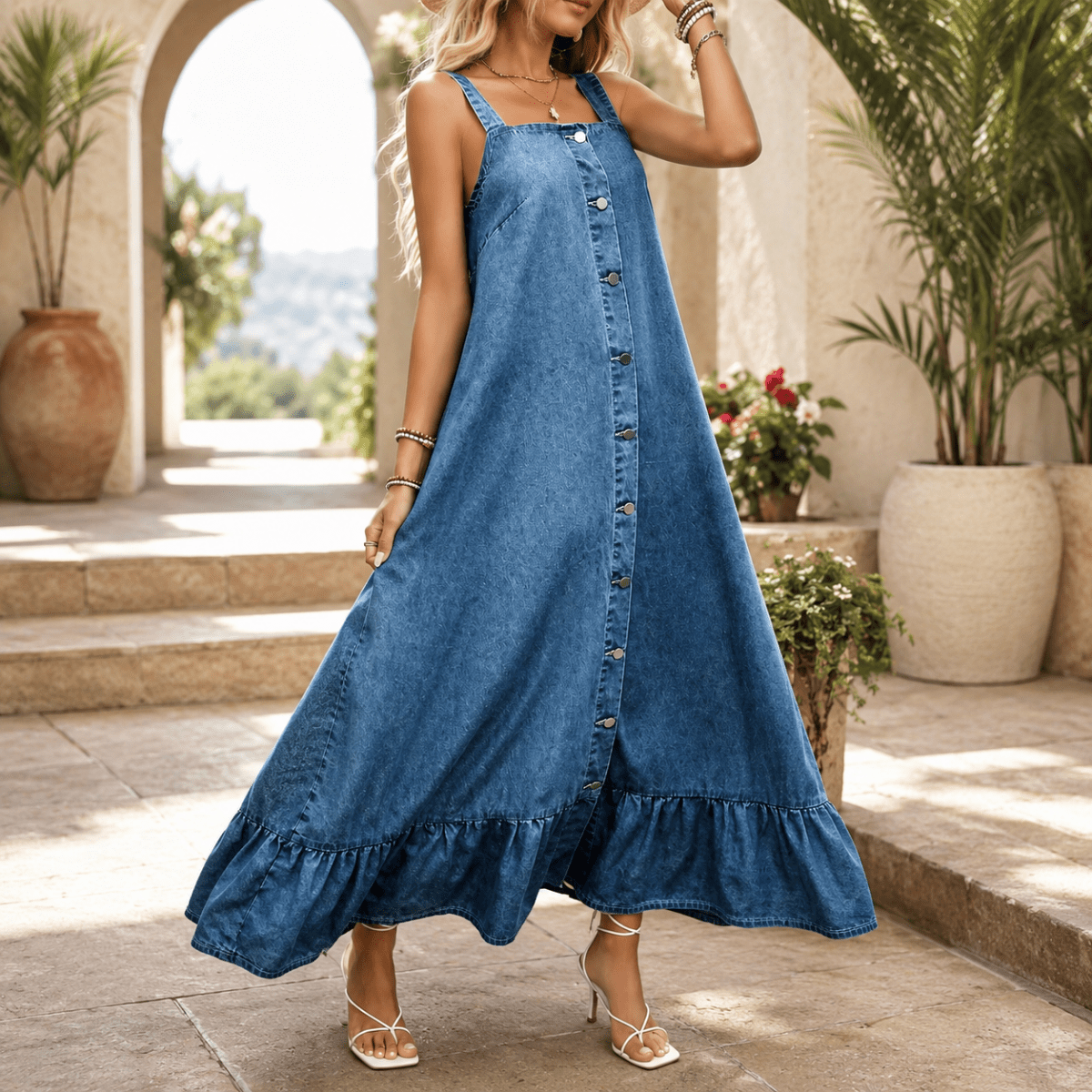 Washed Denim Button Front Maxi Dress