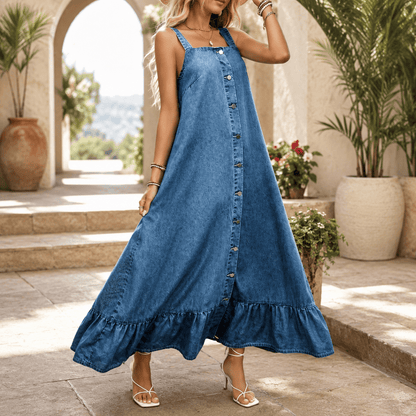 Washed Denim Button Front Maxi Dress