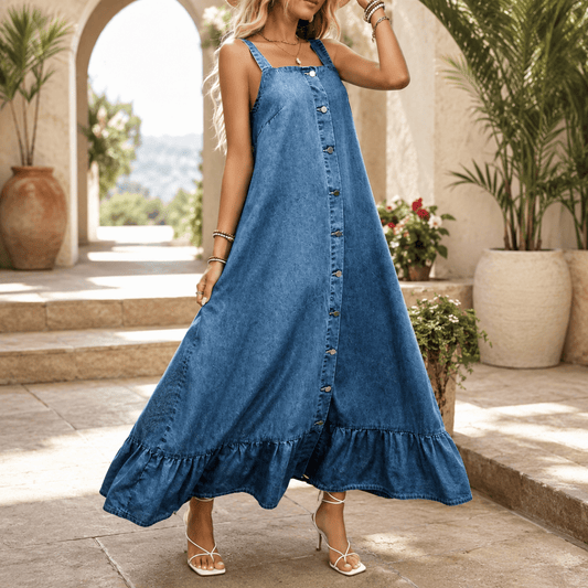 Washed Denim Button Front Maxi Dress