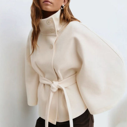 Belted High Collar Cape Coat