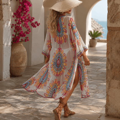 Bohemian Embroidered Sunflower Kimono Beach Cover-Up