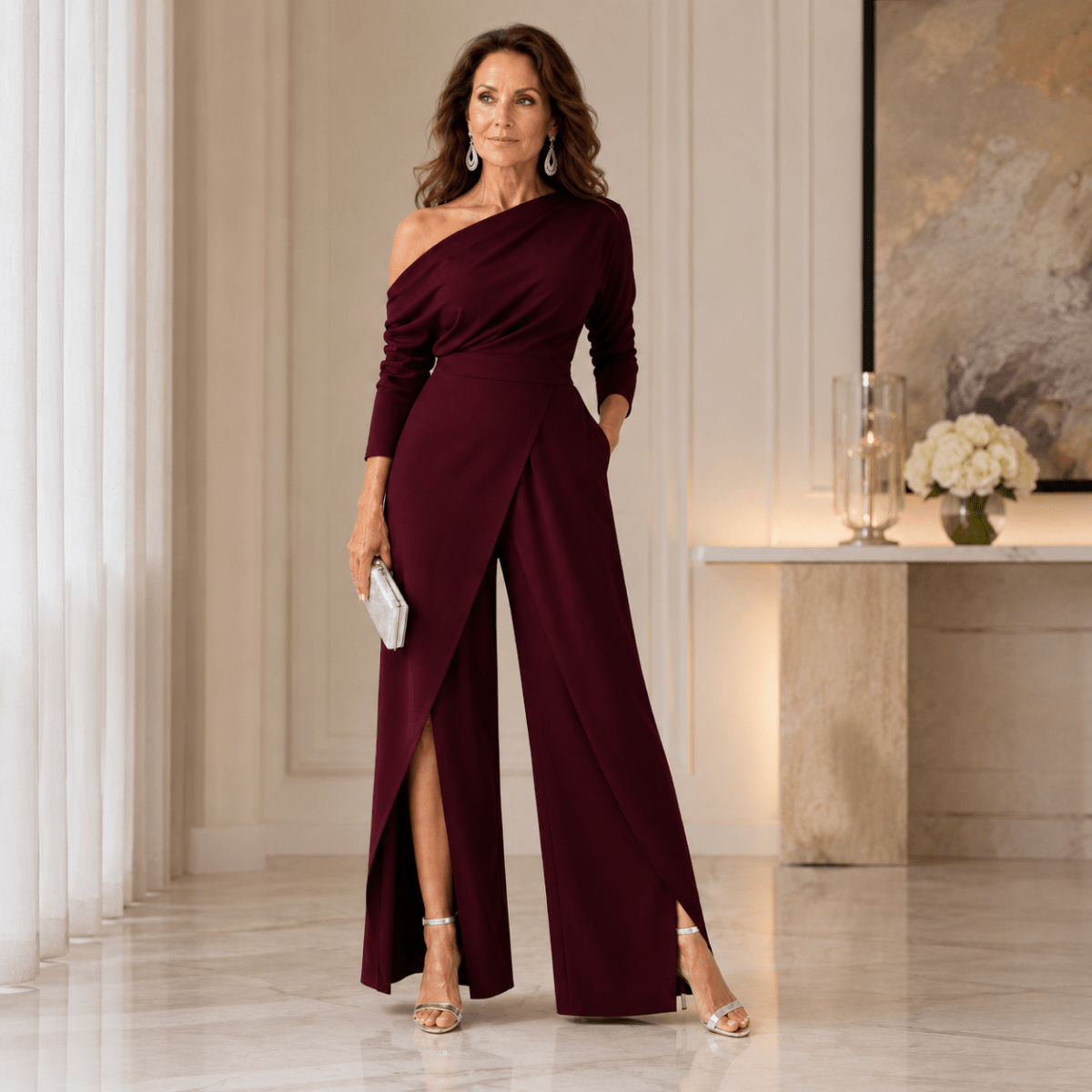 One Shoulder Wide Leg Evening Jumpsuit