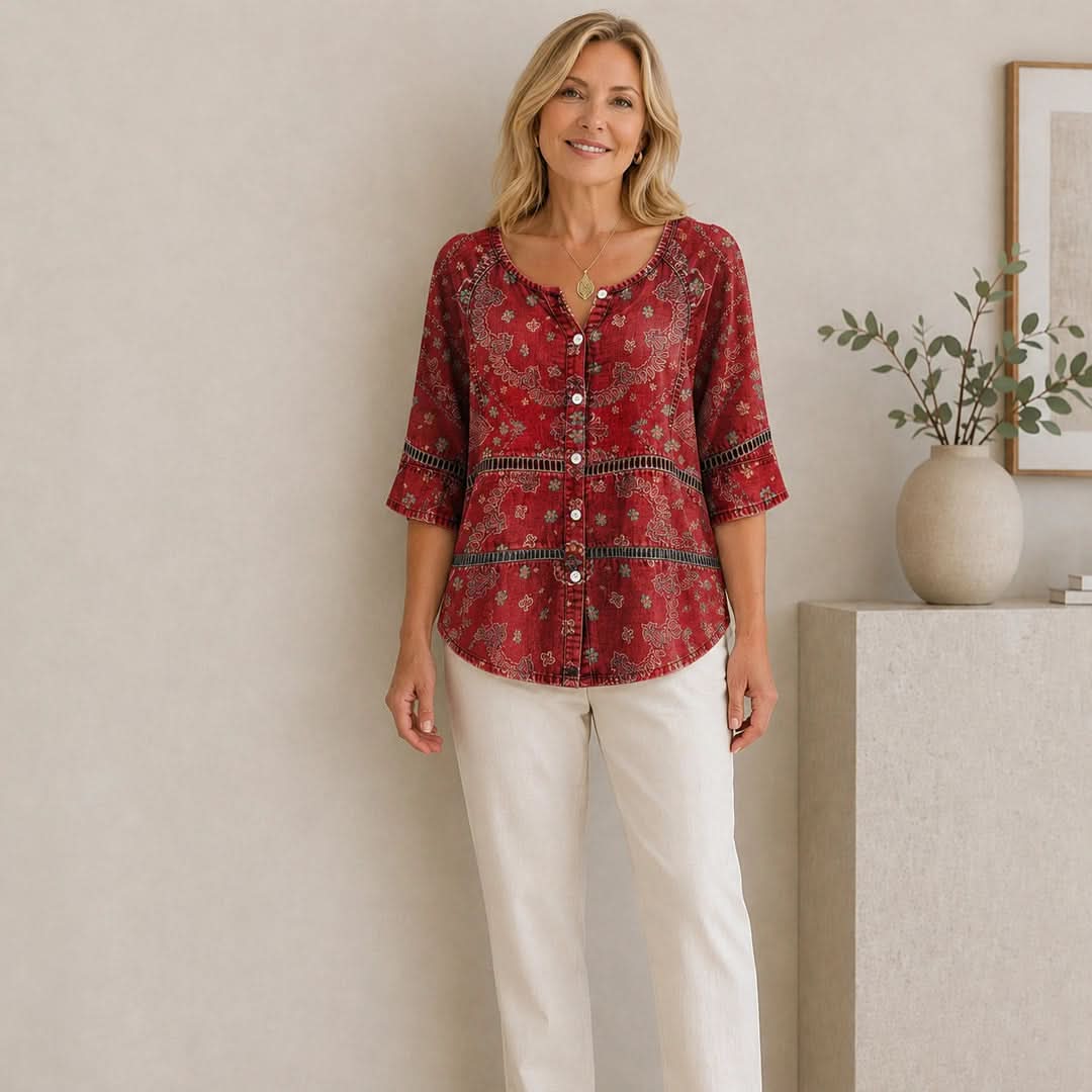 Vintage-Print V-Ausschnitt Top